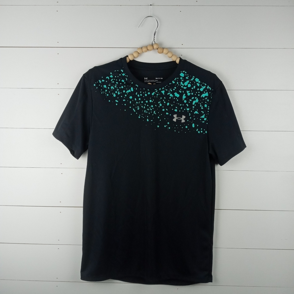 Under Armour mens size S black with teal dotted design performance tshirt